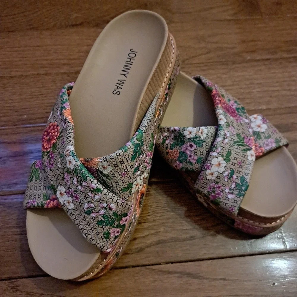 Johnny Was Floral Crisscross Platform Slide Sandals Boho Multi Color Womens Sz 6